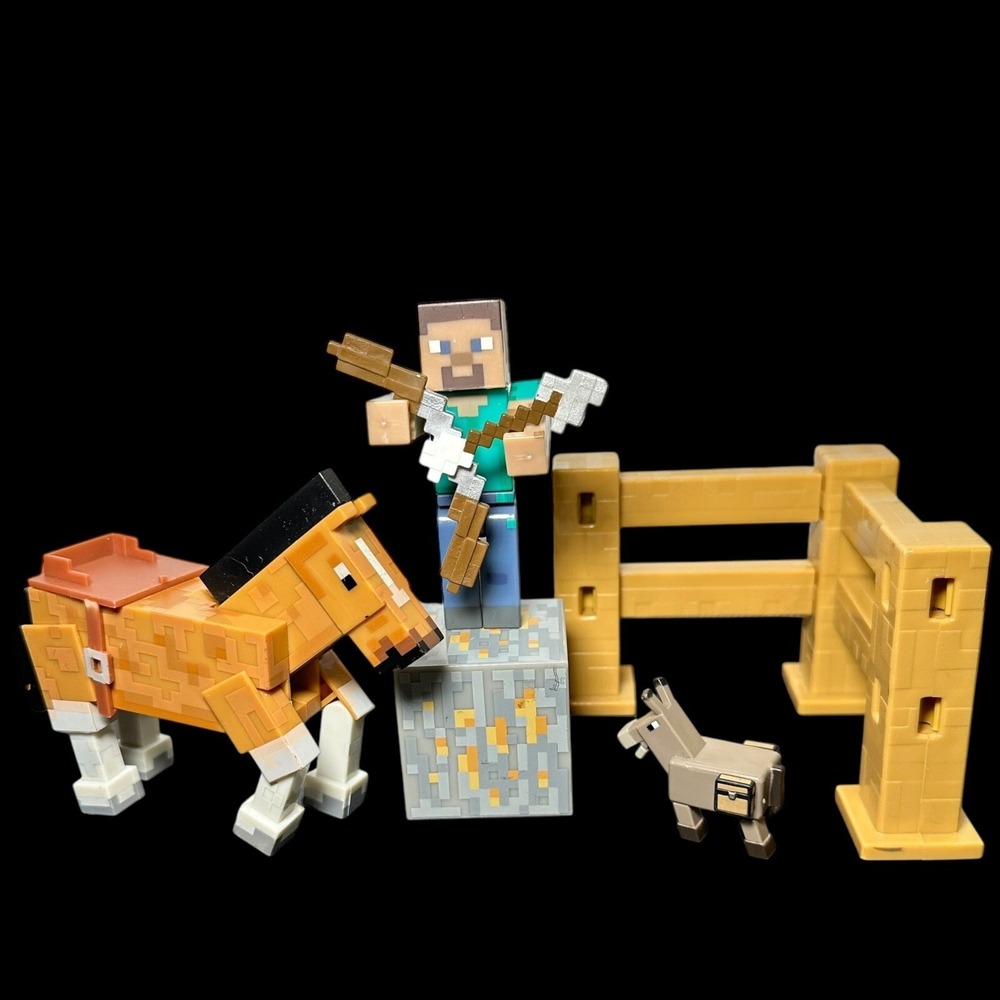 Minecraft Toy Lot Figure Animals‎ Block Fence Steve Horse Donkey and Accessories